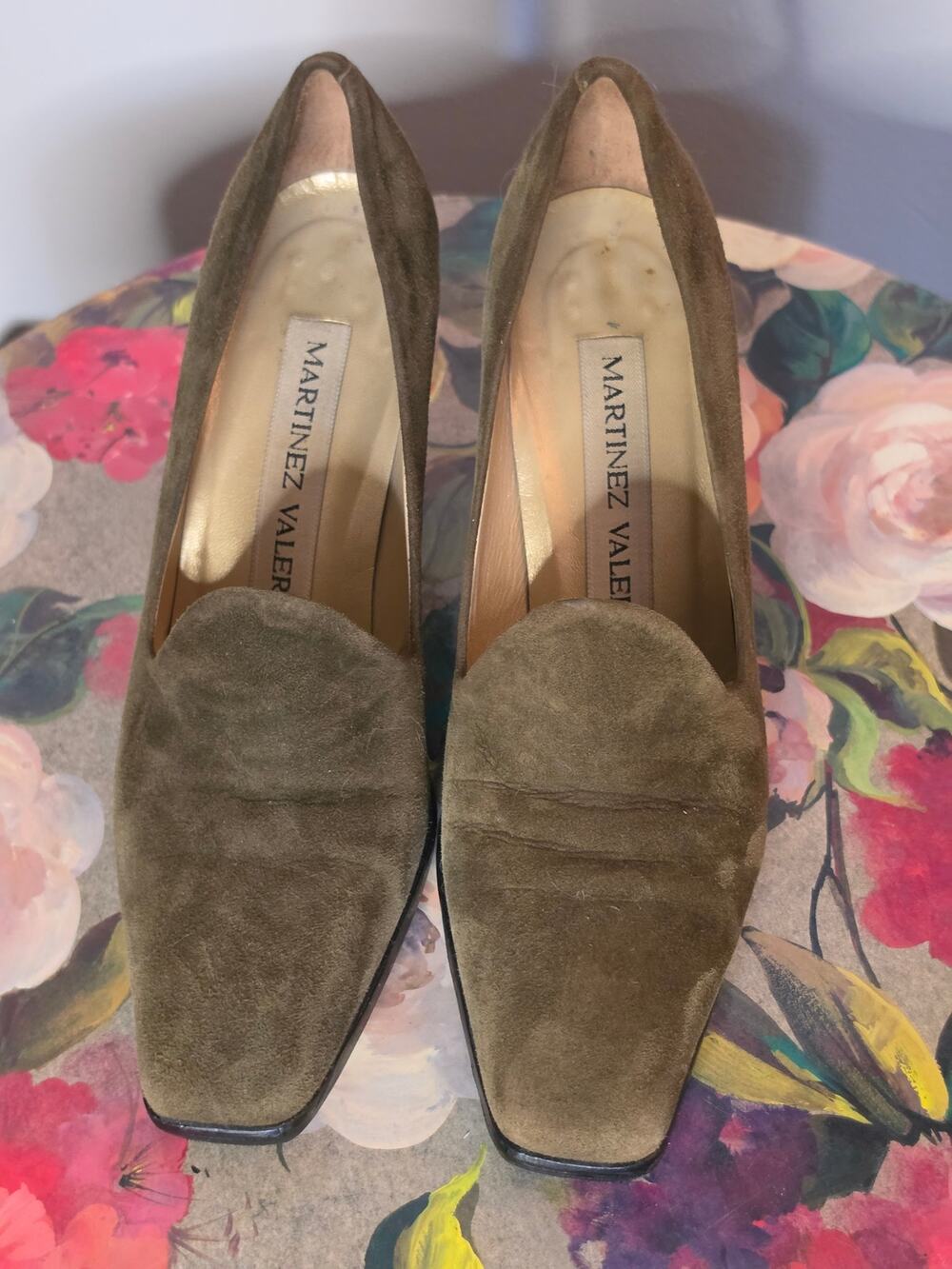 Vintage Martinez Valero Olive Brown Suede Loafer Pumps 7B Square Toe Block Heel